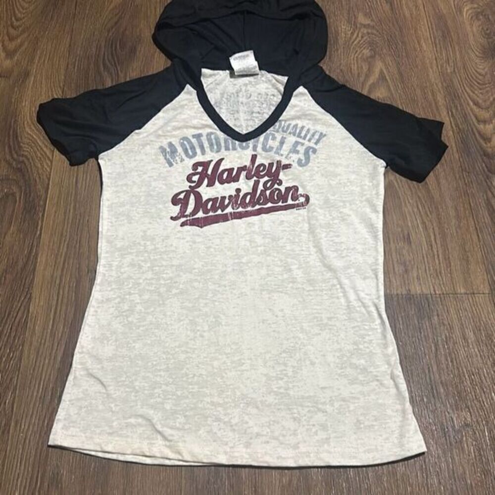 Harley Davidson Womens Black‎ White Short Sleeve Hooded Graphic T-Shirt Small